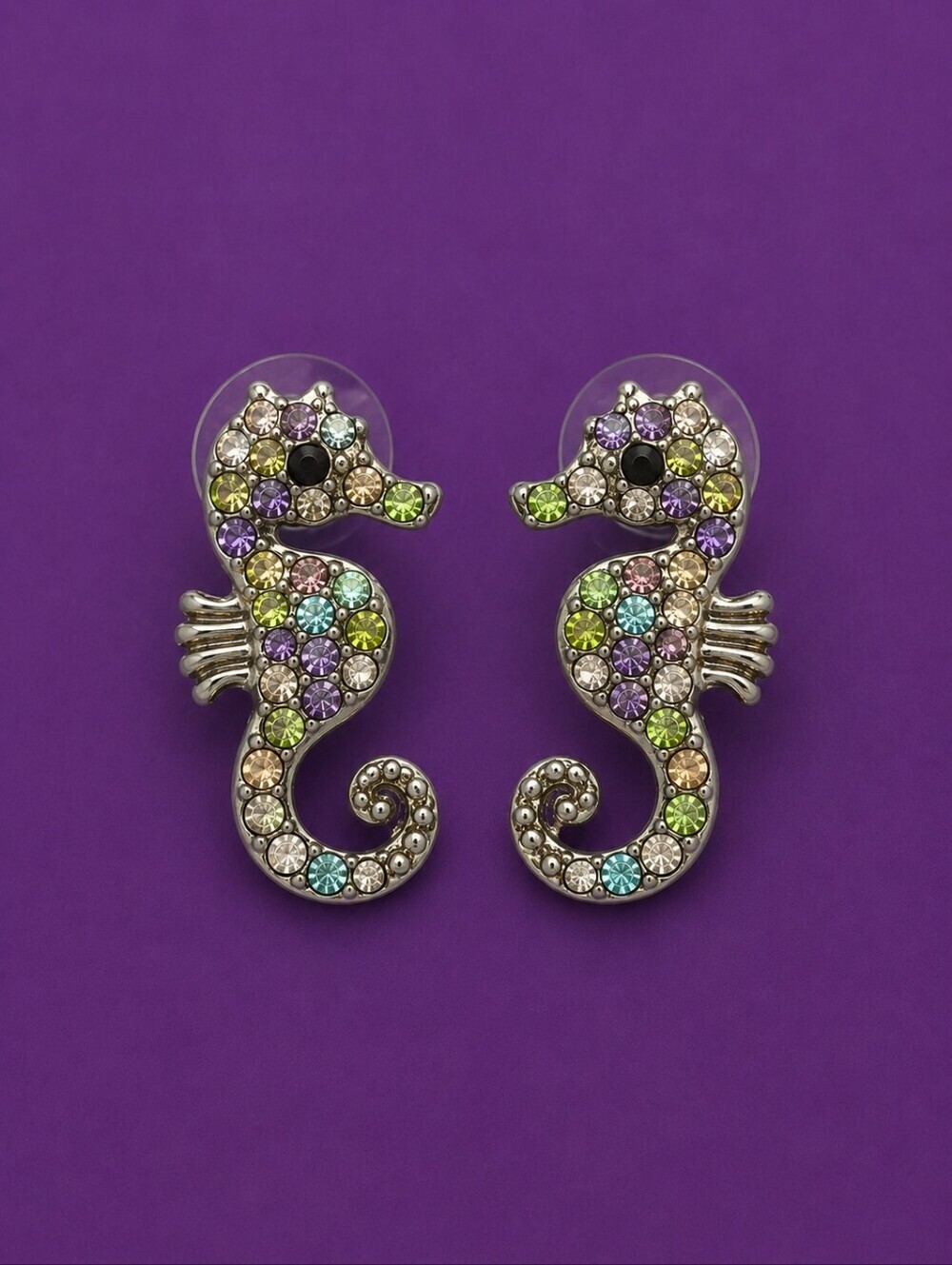 3/$30 Pastel Paved Rhinestone Seahorse Post Earrings